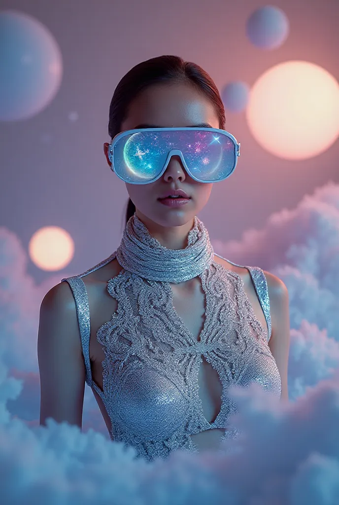 The model is wearing glass sunglasses with stars and the moon on the glass