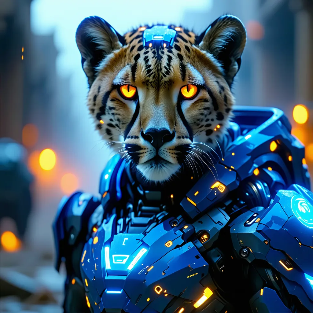 Make this more realistic A superhero cheetah, dynamic pose, futuristic armor with glowing neon accents (blue and orange), fierce glowing eyes, standing on a futuristic battlefield, cyberpunk style, detailed facial expression, cinematic lighting, 8k resolut...