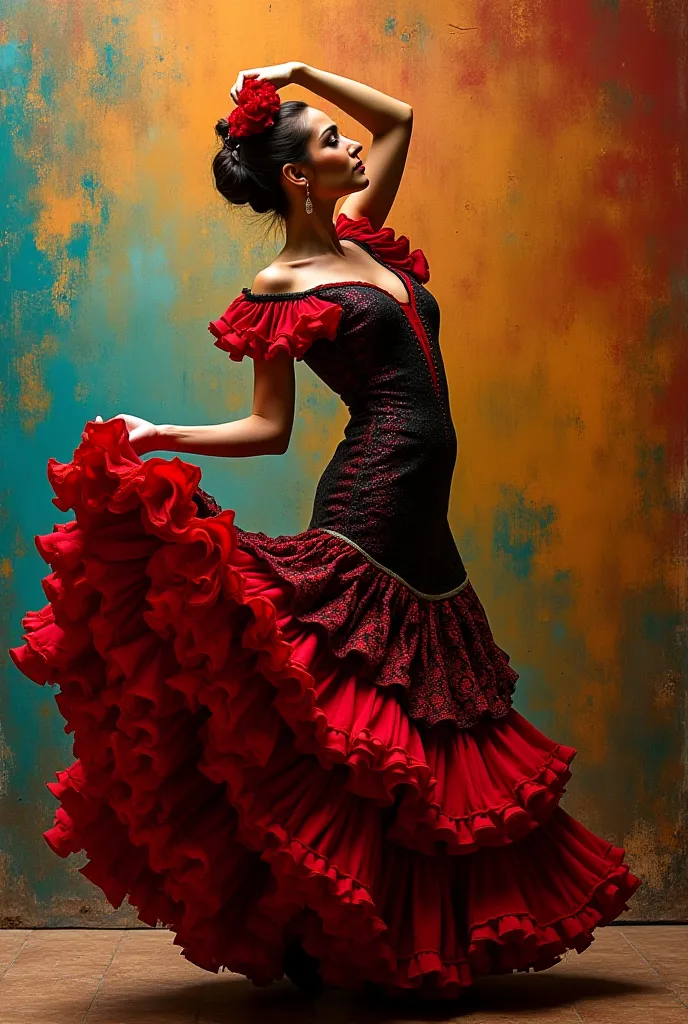 A striking flamenco dancer captivates the viewer with her elegant pose, one arm gracefully curved above her head while the other holds the flowing ruffles of her vibrant dress. Adorned in a dramatic combination of red, black, and accents of shimmering text...