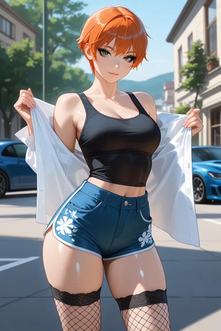 masterpiece, best quality, great quality, latest, very beautiful, Super Detail, realistic, realism, 1 girl, orange hair,  tomboy, short hair, green eyes, Black eyeshadow,  eyelashes, plump, ((thin waist)), (curvilinear), SHORTS, fishnet thigh high socks, t...