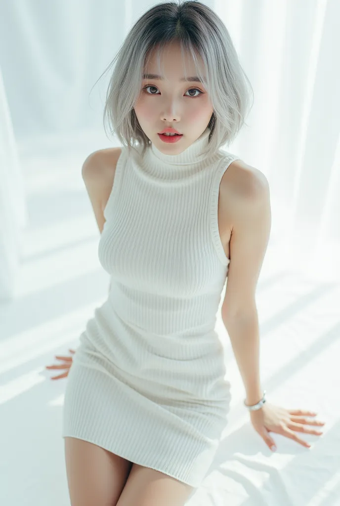 wet white and ash silver bicolor short hair full body of a beautiful Japanese girl。Kissing with a sweet expression and staring at them with an expression on their face has a bewitching atmosphere、I'm wearing a white tight high neck sleeveless spring sweate...