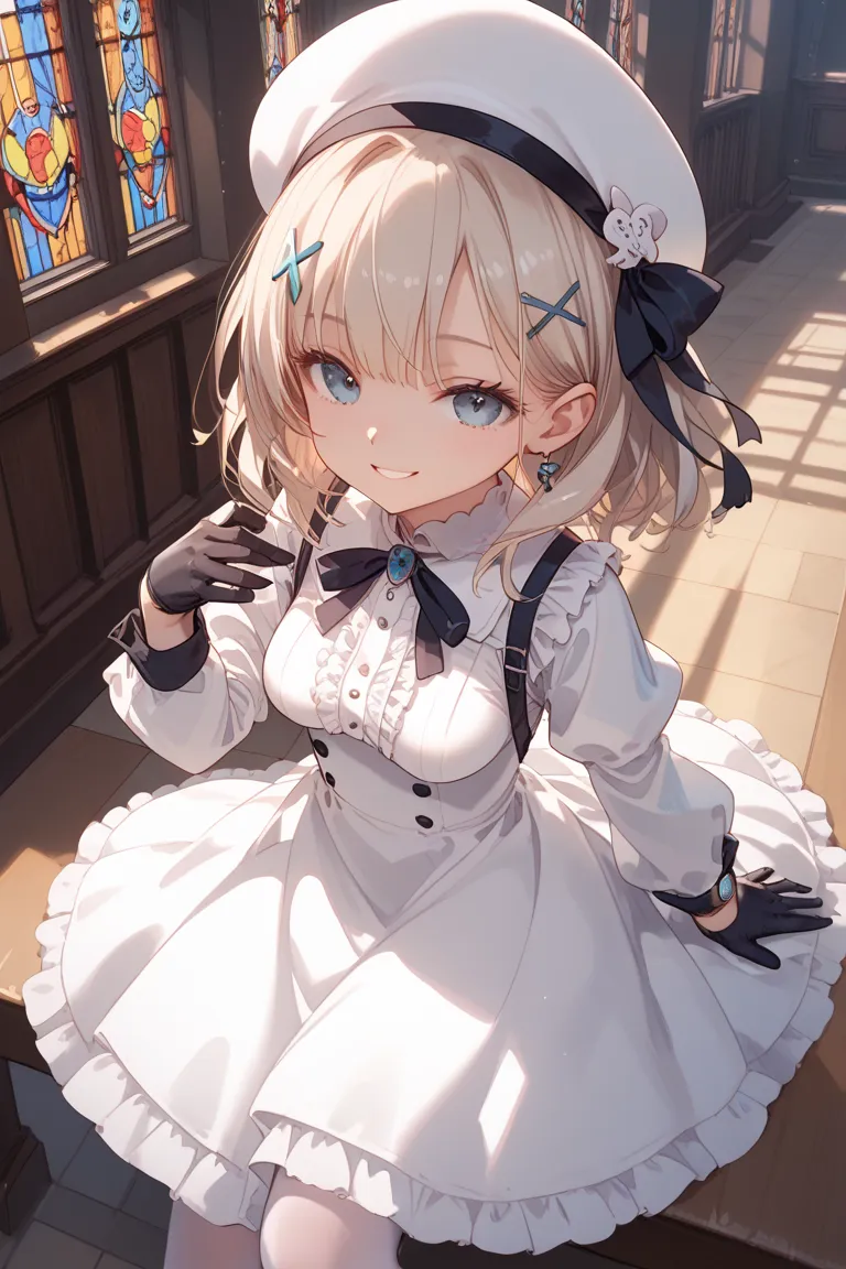  1girl ,Alone,medium breasts,white headwear,white dress,black gloves,long sleeves,x hair ornament,white pantyhose,high image quality during sick leave,Detailed picture,watch viewers,church,Sit on the Church Chair,Smile like I made a fool of myself ,