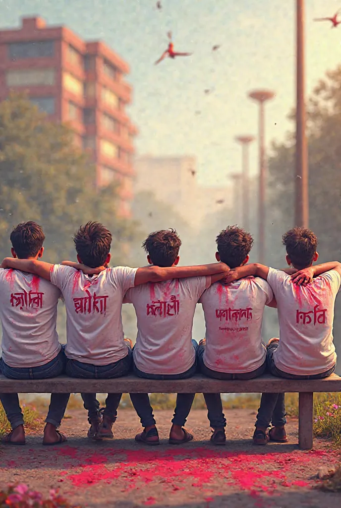 5 friends sitting on bench with hands on neck, wearing white t-shirts, one with name “Arya” written on t-shirt, second with name “Ankit” written on t-shirt, third with name on t-shirt ” Gaurav” name is written,fourth with name on t-shirt ”prashant” name is...