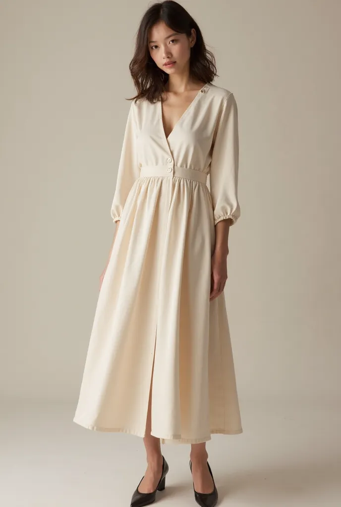 Create a minimalistic and elegant midi dress suitable for all body types. The dress features a soft V-neck, 3/4 sleeves with a simple finish, and a slightly fitted waist with a thin belt or subtle seam. The skirt is gently flared in an A-line shape, flowin...