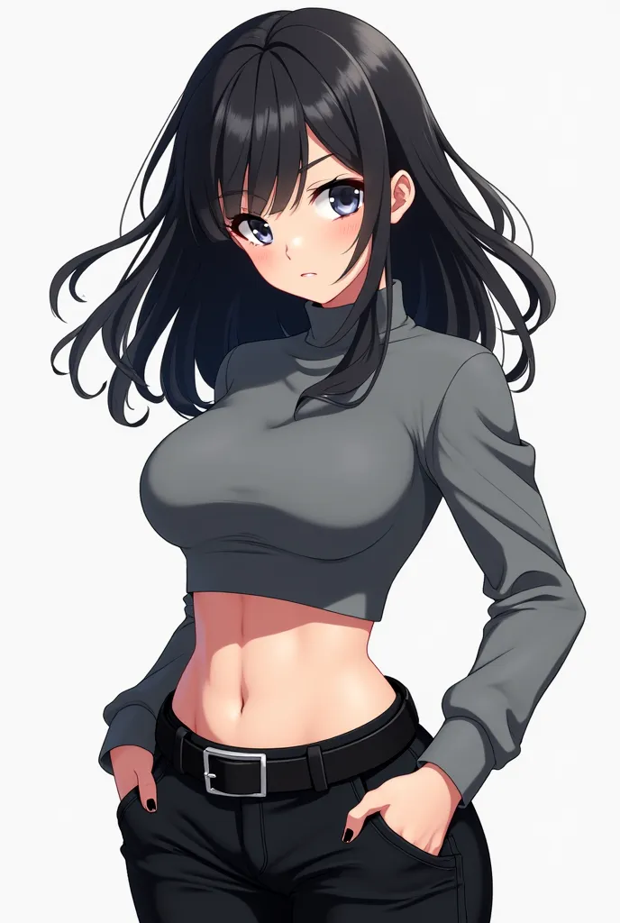 Animé Girl, Black Hair, Gray Crop Top Long sleeves, black pants, Black belt, black shoes, 2D style, big breast, white background