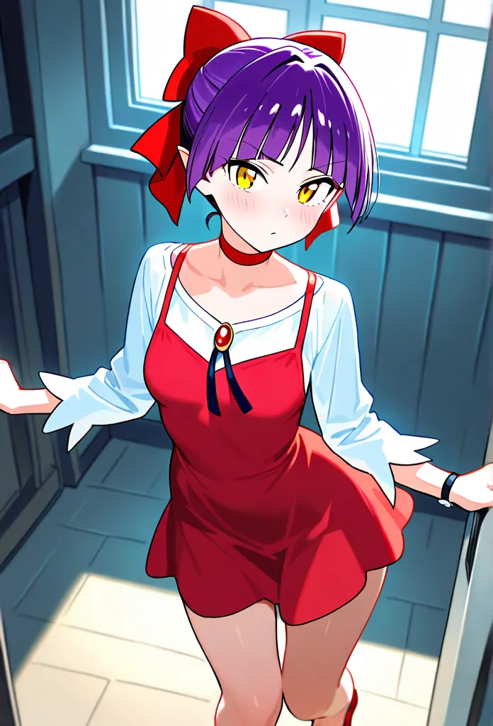 best quality,  perfect skin, Beautifully detailed eyes,detailed face,dynamic lighting,1 girl,watch viewers, full body,sexy,Visible pants,NMM1,   Nekomusume  ,   Nekomusume   \( Guitar Gegege 6  \), 1 girl, purple hair, yellow eyes, Alone, red dress, Red Ch...