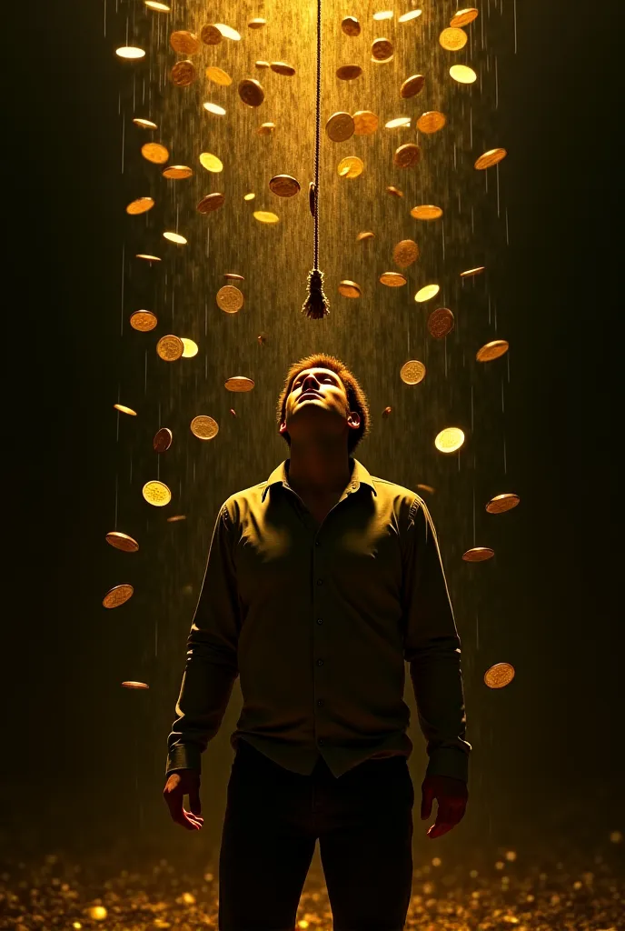 A man with a rope around his neck but raining gold coins 