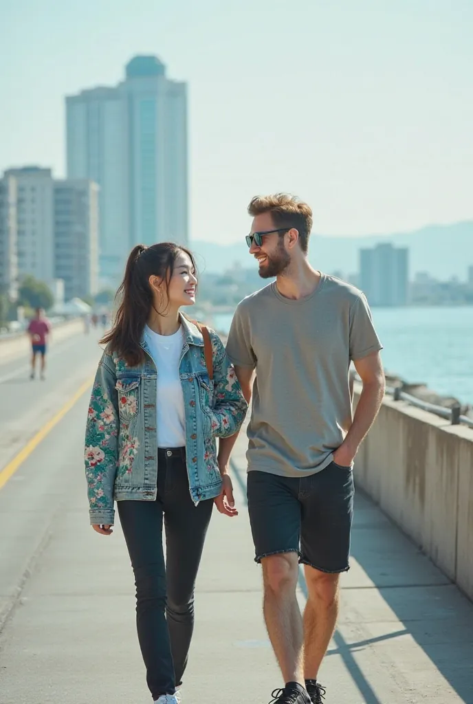 A beautiful Korean girl smiling facing towards the camera in white wearing a neutral color jeans jacket macing with a floral fto in a long straight hair jacket with a short length of green hair tied back wearing black short jeans knee-length black skets sh...