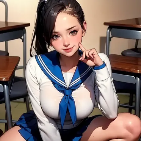 Cute girl at school wearing a sailor's uniform, looking very embarrassed, full thighs, breasts hidden behind the blouse, sweet face, ponytail, smiling, cups((sfw))