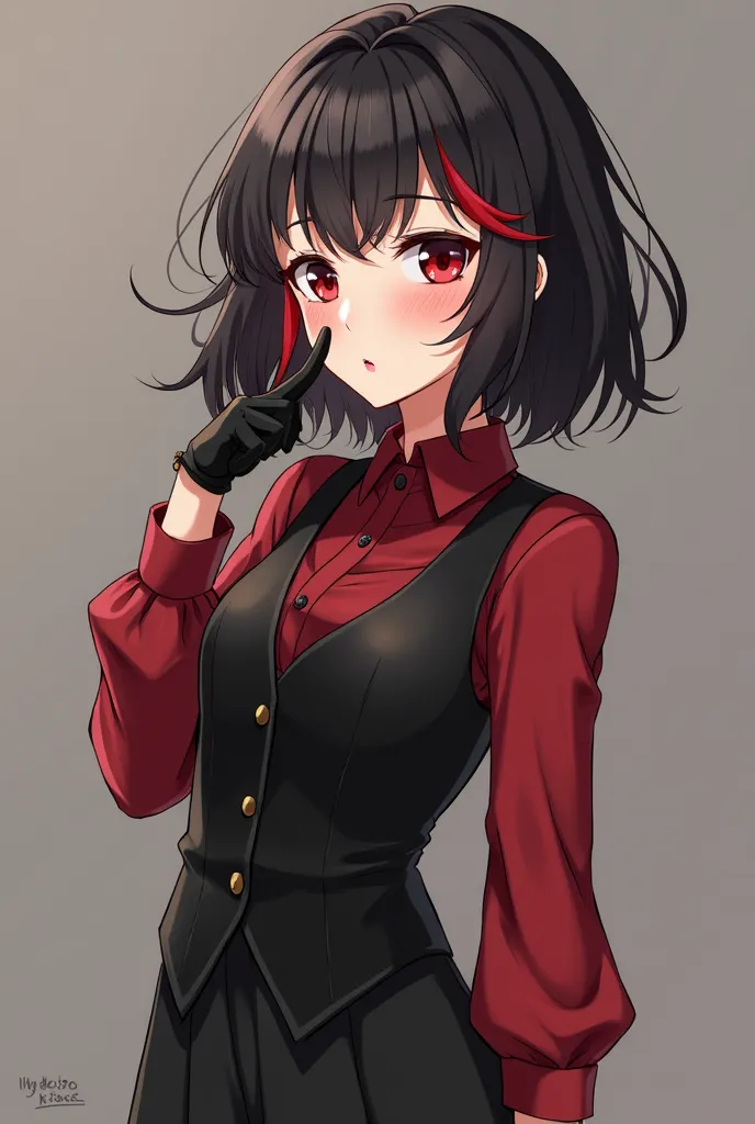 An anime girl with short black hair with red tips and round lenses,lips dyed wine red elegant outfit a red button-down dress shirt with a black dress vest, black dress pants and shoes, light freckles and small leather gloves 