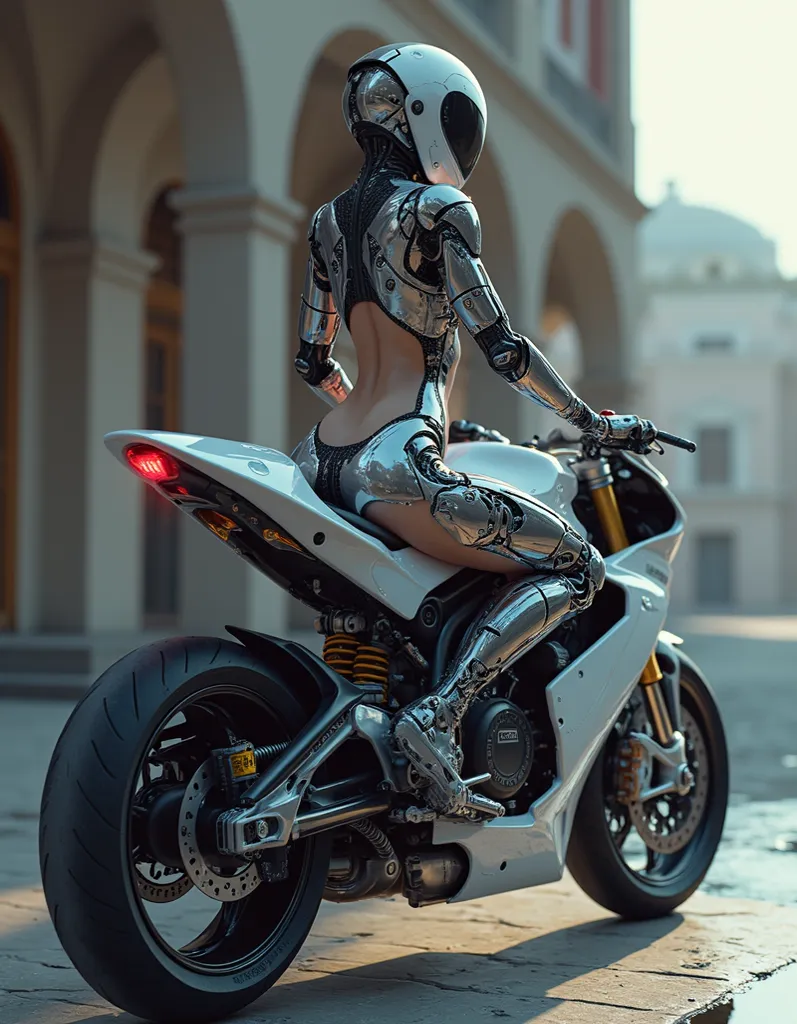 best quality, is absurd,  Masterpiece ,  beautiful, complex parts, complex parts:1.12,  Hyperdetail :1.15,  natural skin textures , hyperrealistic, Soft light, spicy:1.2, High-tech motorcycle, ( side view, half a turn :1.2), cyborg woman, masturbating , 1/...