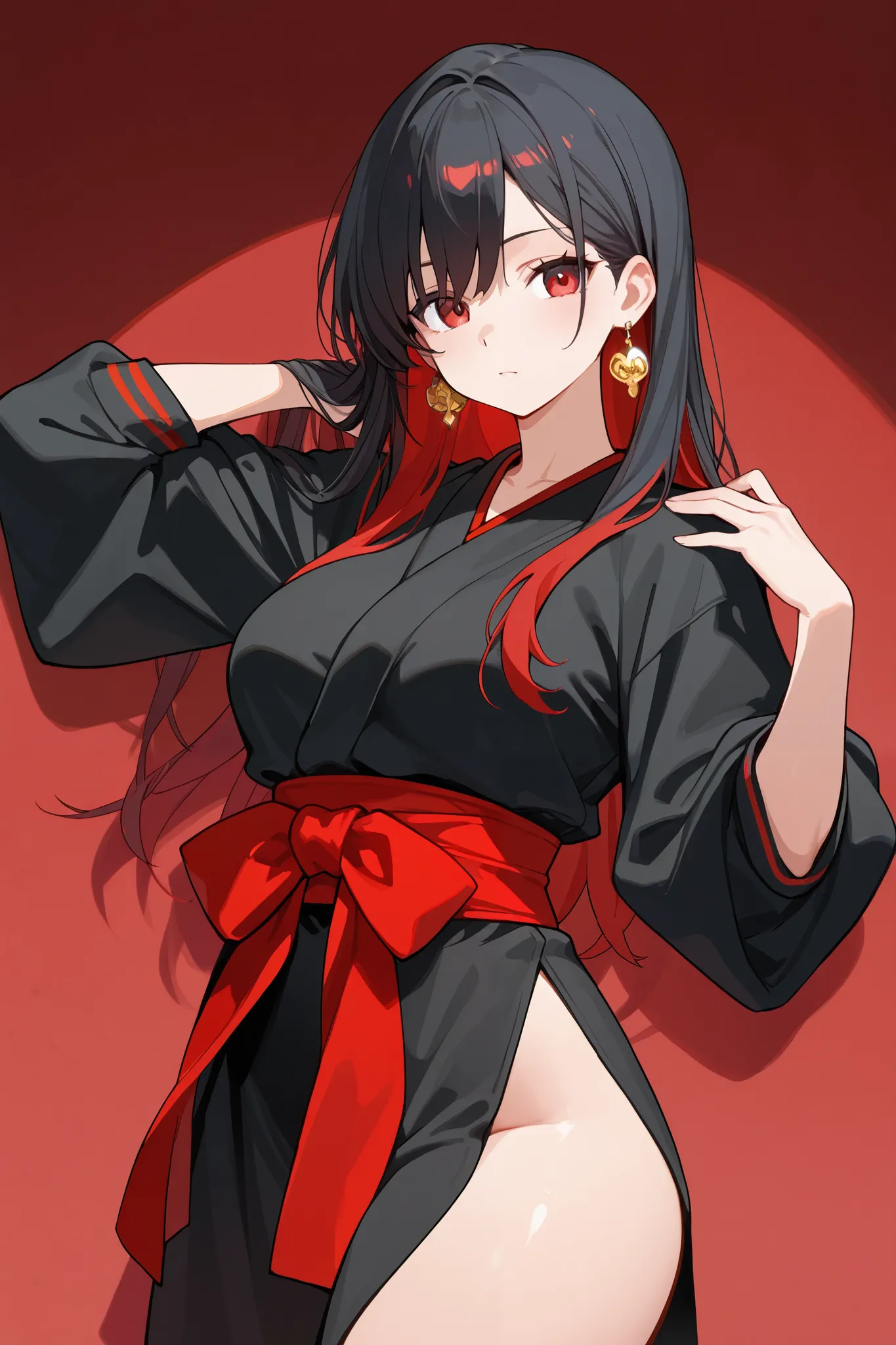 1 girl, Hair length reaches the back, Black hair with some red hair on the edges., red eyes, but not bright, curvy body, wear a sexy samurai outfit, หน้าอกไซส์ปานกลาง, have a golden earrings