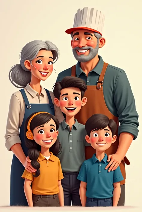 Give me the picture as a cartoon or cartoon. 
Imagine a family smiling together. Grandma and grandfather are standing aside both about 67 years old, with grandmother smiling and grandpa smiling too. Next to them,  mother , a chef smiling with an apron and ...