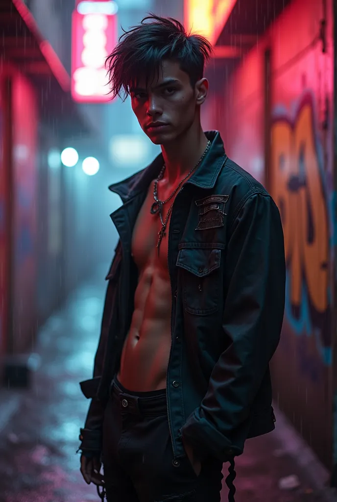 A rebellious ager, with short brown eyes and hair, Dark Skin, belo,  thin and defined body, standing with a challenging pose, serious expression, attractive face, wearing torn clothing and punk style, in a dark and dirty alley of a big city, with graffiti ...