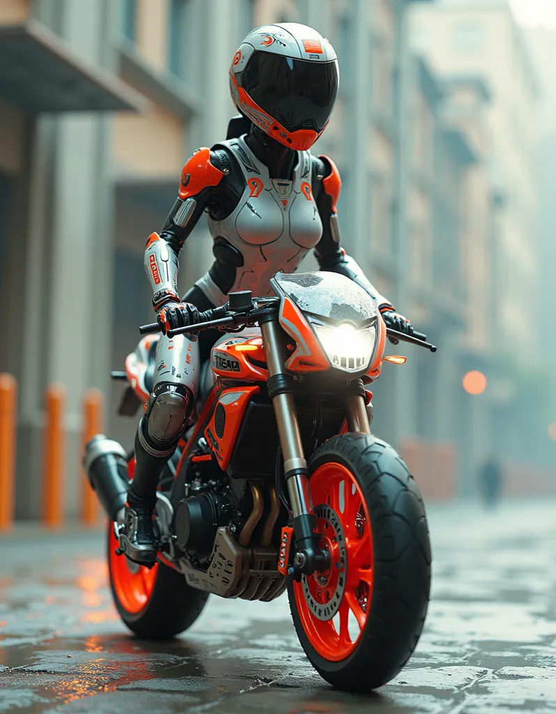 best quality, is absurd,  Masterpiece ,  beautiful, complex parts, complex parts:1.12,  Hyperdetail :1.15,  natural skin textures , hyperrealistic, Soft light, spicy:1.2, High-tech motorcycle, ( side view, half a turn :1.2), cyborg woman, dancing, jumping ...