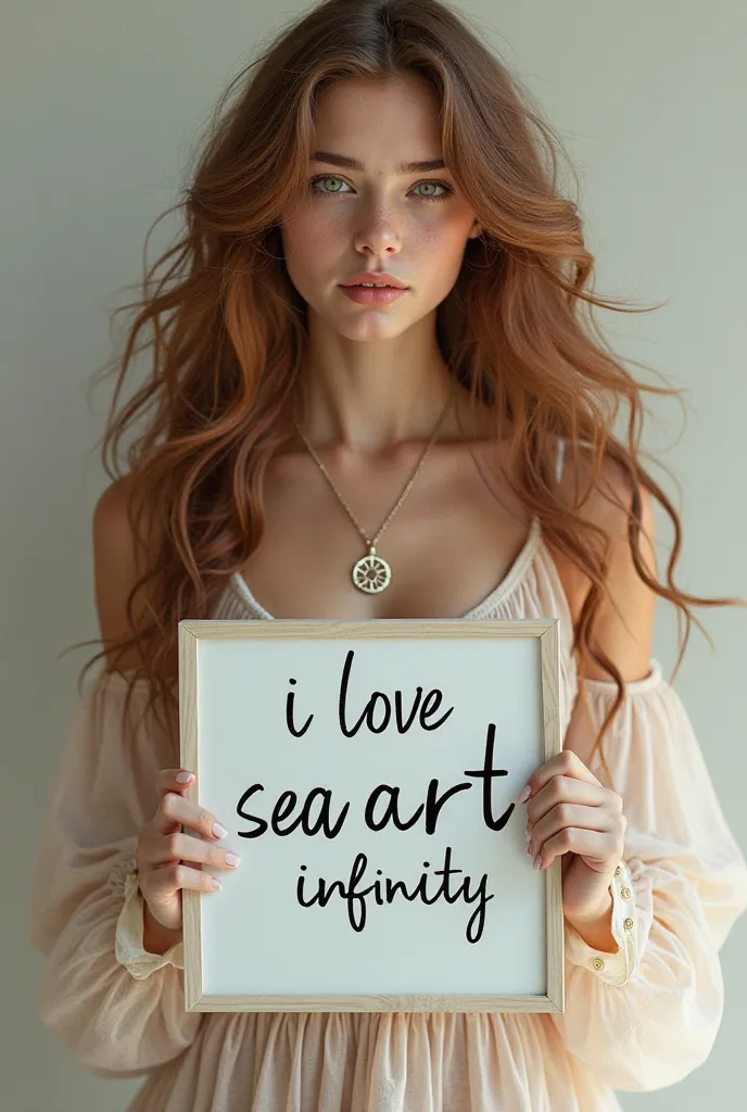  of a beautiful girl with long wavy hair wearing a bohemian dress, holding a white board written on it "I Love Seaart Infinity" And expose it to the viewer