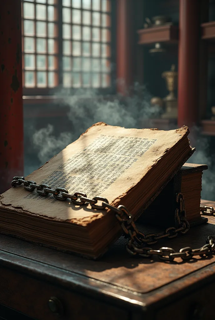 japanese antient book is  enshrined in the japanese shrine, the book is binding chain, heavy steam