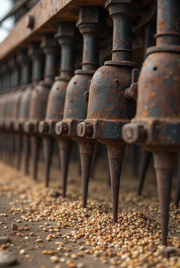 The image shows a close-up view of an industrial seed drilling machine. It consists of multiple cylindrical seed dispensers, each standing separately in a row. Each dispenser is metallic, slightly worn, and has a pointed nozzle at the bottom for precise se...