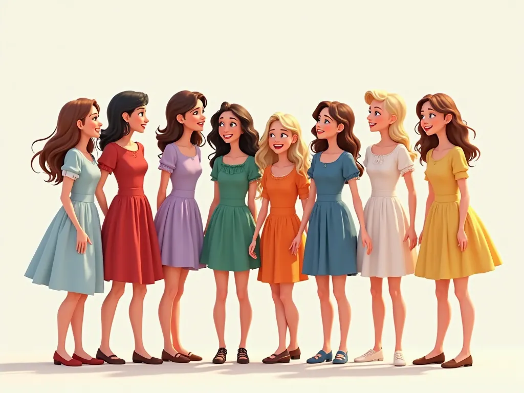 Create an image with 8 15-year-old girls,  Pixar style, Some standing others sitting, as if they were laughing and having fun. all wearing demure knee-length dresses with short sleeves, different dress models for each one. The colors have to be exact.
The ...