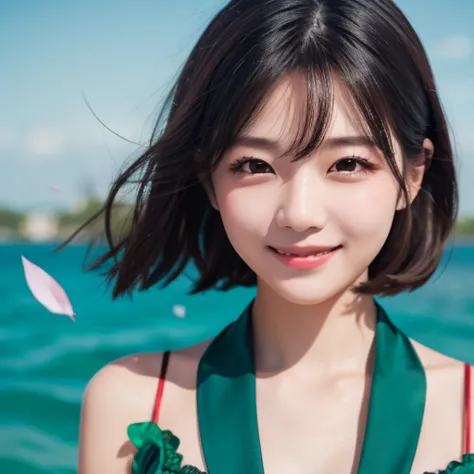 Beautiful and delicate portrait of a playful pretty girl with a short masculine hairstyle,  black hair, an emerald green sea,  mischievous smile , Dancing petals, ( top quality, Masterpiece,   ultra-realistic  )  flower petals floating in the background 