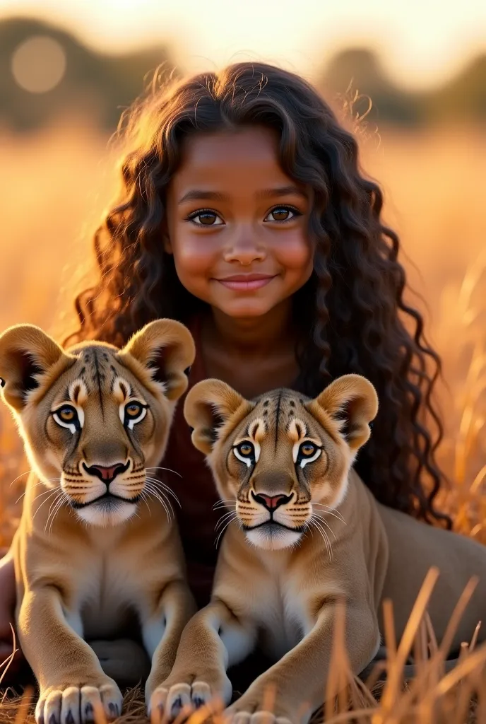 Perfect superrealistic a young malay girl with long curly hair, perfect round eyes, nose, mouth, ears with perfect body, sitting with male & female lions, also the lions cub, in savannah at the morning. 