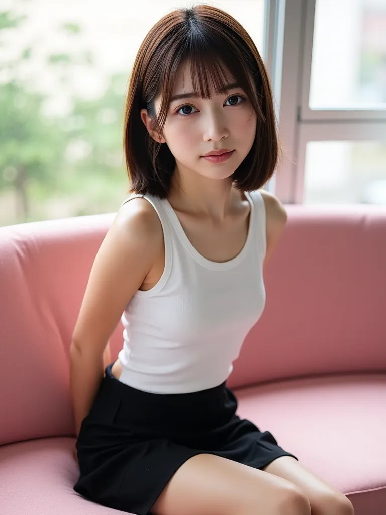 1 girl, live-action、cute Japanese girl sitting in black、18 years old、short hair、Bob、white tank top、black miniskirt、my room、Sit on the pink sofa、 fold your hands behind your back、