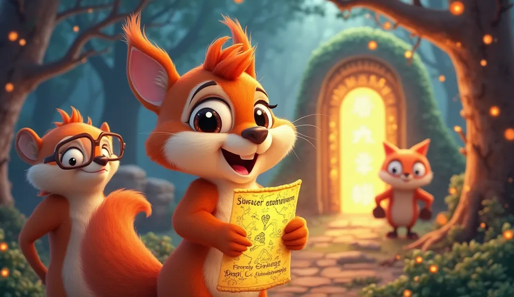 A vibrant and colorful 3D cartoon-style thumbnail featuring Turbo, an energetic squirrel with bright fur and wide, excited eyes, holding an ancient glowing map. Beside him, Gizmo, a wise owl with tiny glasses, looks serious while pointing towards the map. ...