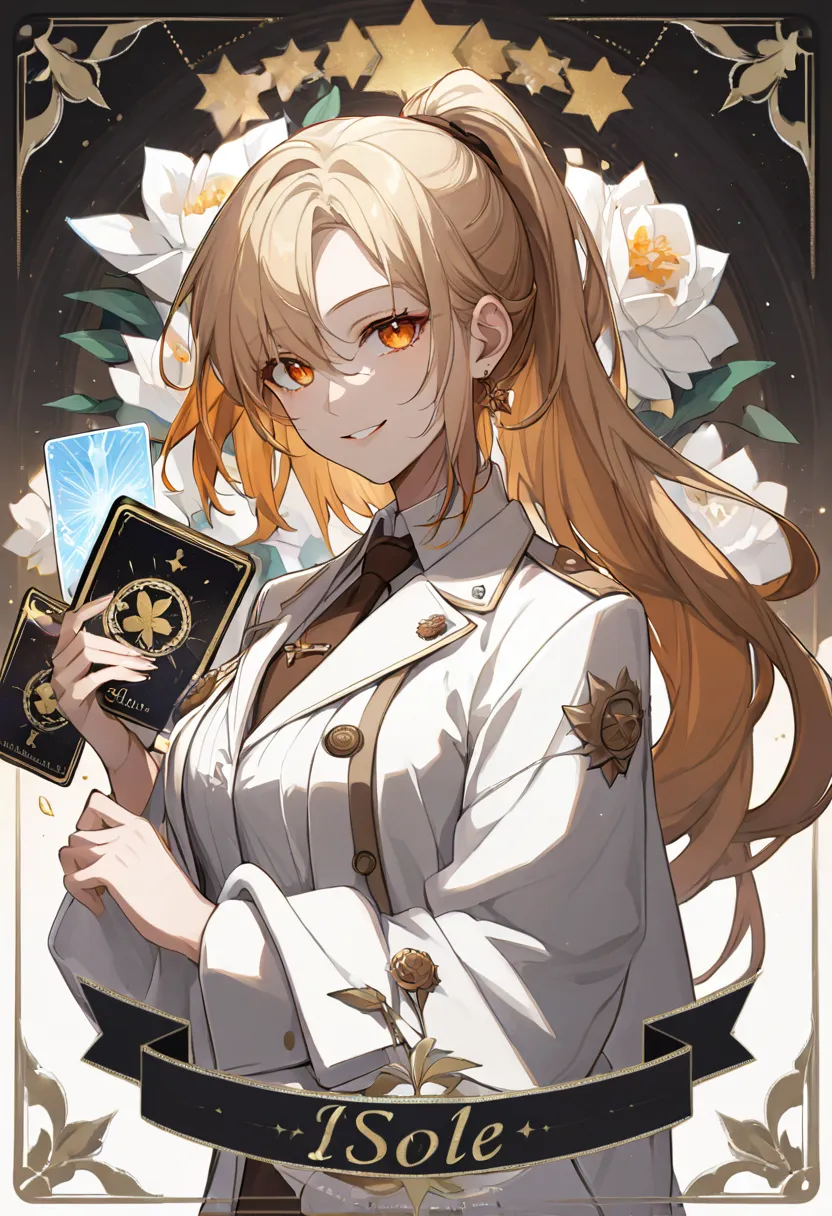 Beautiful, solo, 1 female, long ponytail, blonde hair, orange eyes, white shirt, white coat, brown tie, tarot, Il Sole, smile facial 