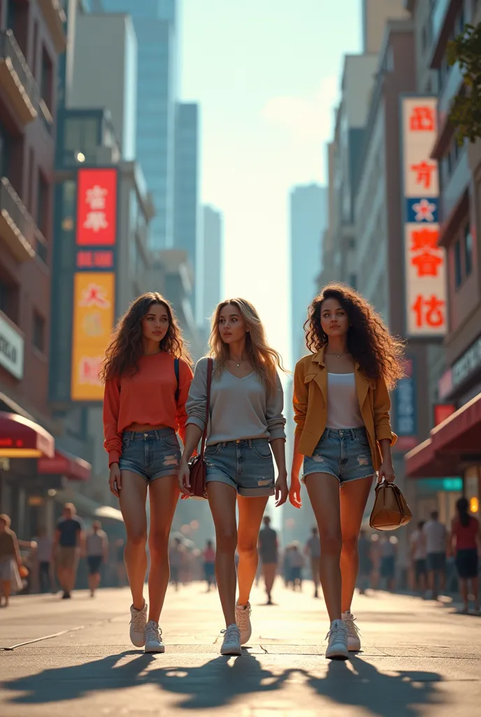 Women in casual clothes are walking in the city with a third person perspective camera angle