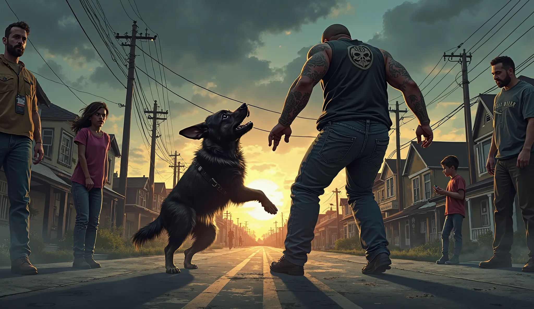 Prompt:
"An intense urban street confrontation rendered in realistic detail: a fierce German Shepherd lunges at a burly, tattooed biker while protecting an  girl. Dramatic shadows and vivid expressions emphasize raw emotion and danger, as the surrounding b...