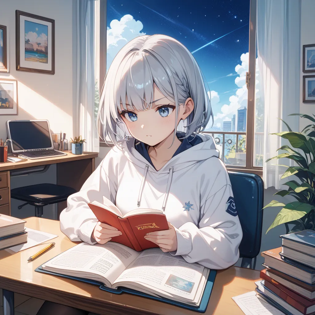 Silver hair short、Light blue accents in the hair、Bright blue eyes、is wearing a white hoodie、At my desk in my room、Reading a Novel in One Hand、It has a serious expression。Time is night、I can see the starry sky from the window。on the desk in my room