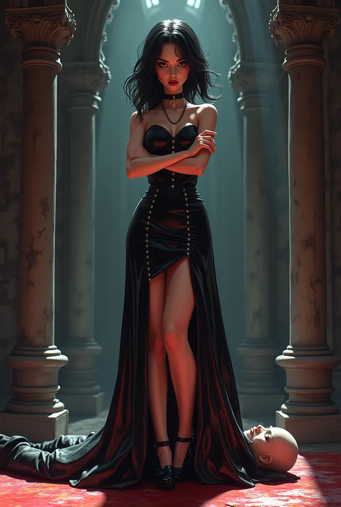 Detailed realistic Pixar studio-style anime drawing of Wednesday Adamms by Jenna Ortega dressed in a very shiny latex skirt and a serious and sadistic look standing with arms crossed with patent leather heels crushing the cock of a man who is lying on the ...