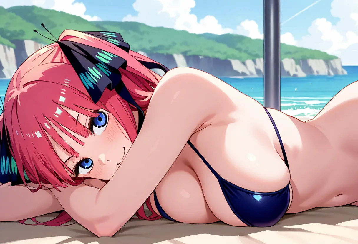 1girl, large breasts, smile, bikini swimsuit, Nakano Nino