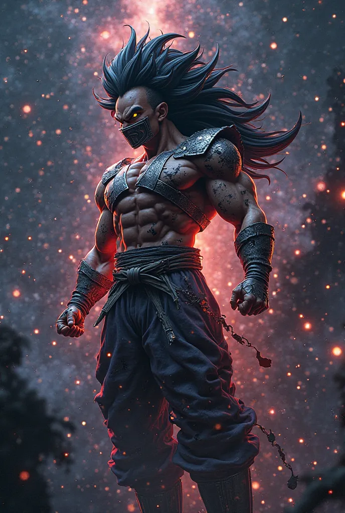 A 3D render of a powerful Saiyan warrior floating in deep space. The Saiyan is positioned slightly farther away from the viewer, allowing a full-body view while still showcasing intense detail. He is surrounded by a vast galaxy filled with thousands of glo...