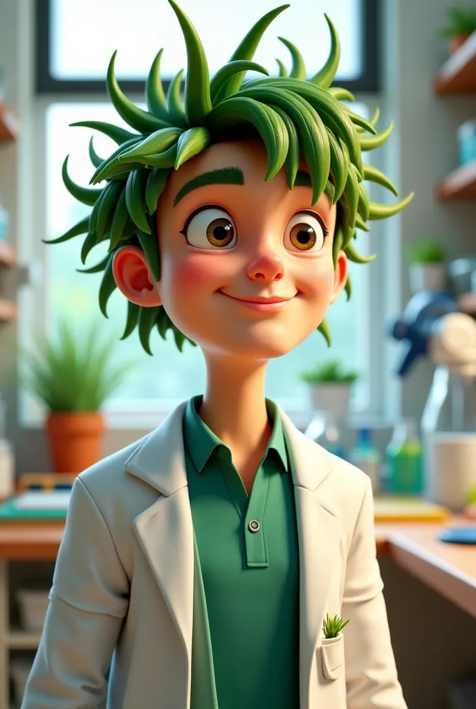 Contemporary adult doctor naturist scientist,  Pixar style, Aloe vera plant hair, with green shirt and white coat of doctor