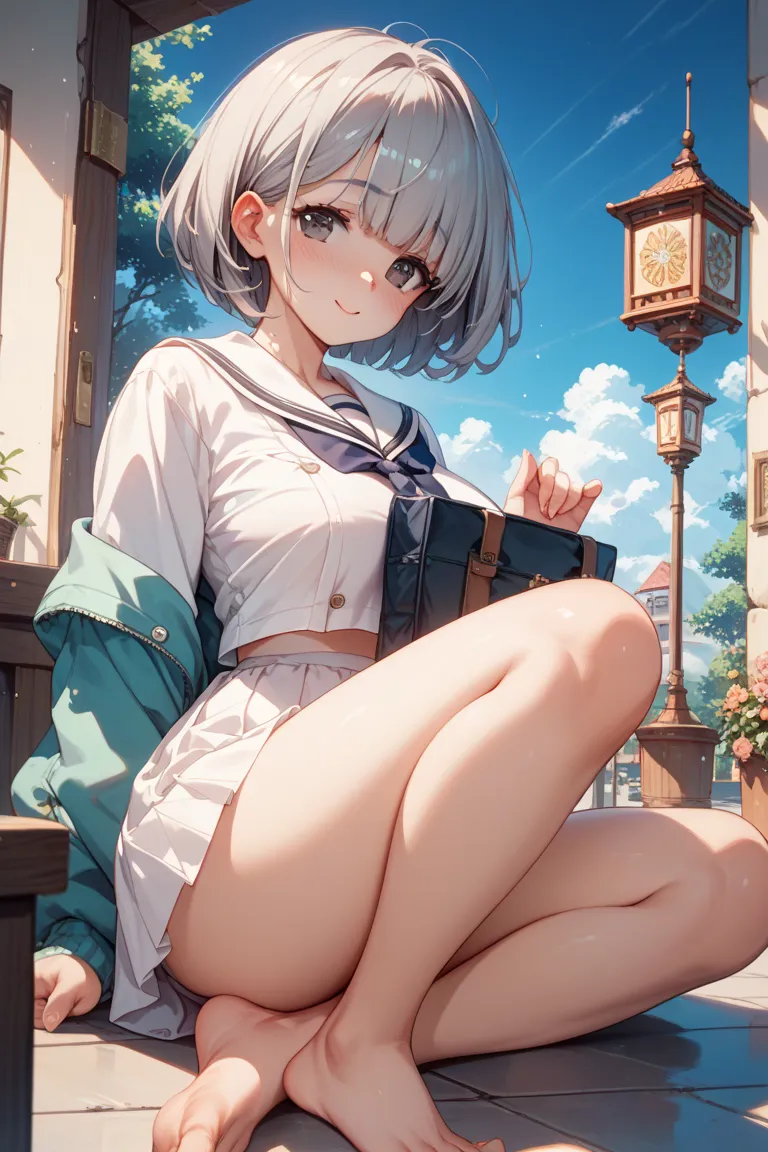 Being raped in a cowgirl position on the street at night　Very big breasted young elementary school student　Gray Hair　Sheer White Sailor Suit　sheer white miniskirt short height　dark eyes　short bob hair　Young girl　bare feet　cute　 mom 　blush　Extra large breas...