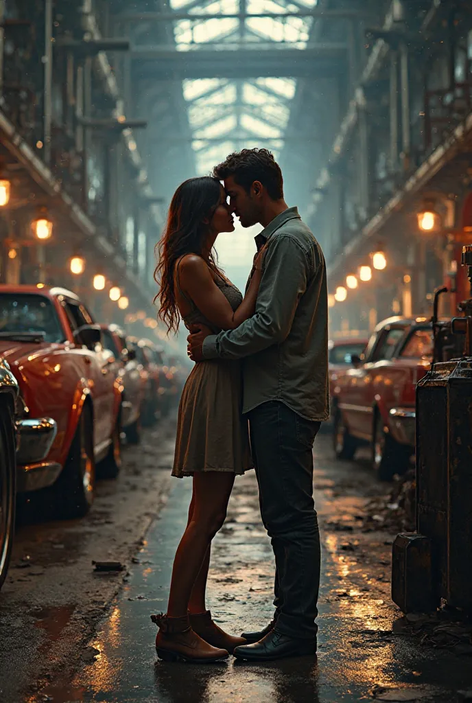 Create an image of a beautiful couple in love at a car factory