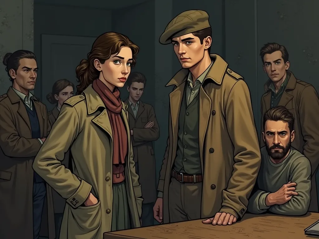 Same characters as before, maintaining their exact designs, facial structures, and clothing to ensure consistency:

Character 1 (Protagonist): A 19-year-old French resistance fighter with wavy brown hair, intense green eyes, and a strong, mature face with ...