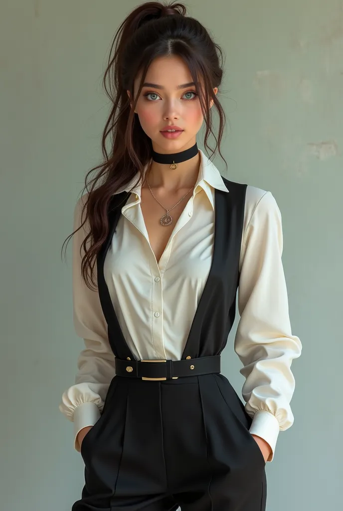 High quality, extremely detailed, A brunette girl, blue eyes, long hair, ponytail, white blouse, cleavage, open vest, black dress pants, medium breasts, standing, retro choker, looking at camera,