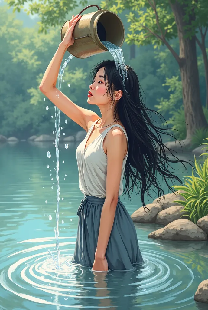 25-year girl with full cloth ,black hair,she bathing with bucket from river,water get from bucket and put to hair the water ,vector image,