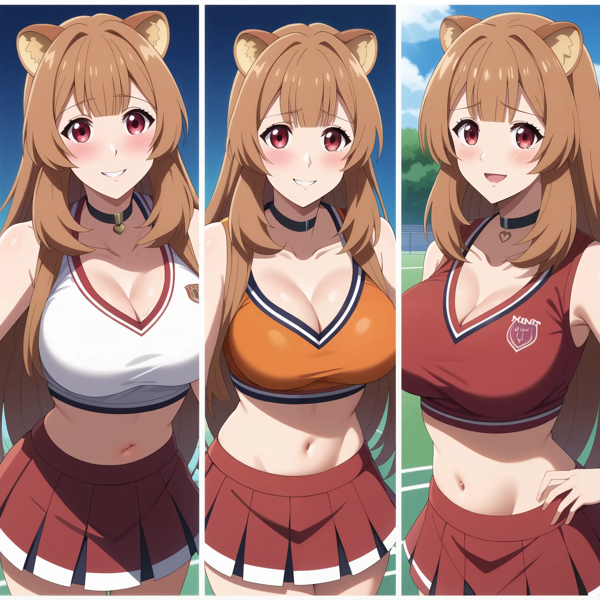  "raphtalia, a beautiful young woman with bright orange hair and deep red eyes. Her rounded animal ears peek out of her silky hair. embarrassed, red face, big firm breasts cheerleader costume  ,  midriff ,  collarbone ,  short white skirt , voluptuous neck...