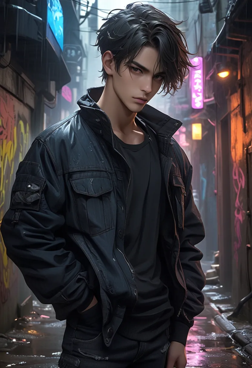 A young male, with short black eyes and hair, Dark Skin, belo,  thin and defined body, standing with a challenging pose, serious expression, attractive face, wearing a black shirt, shabby pants and a jacket, in a dark and dirty alley of a big city, with gr...