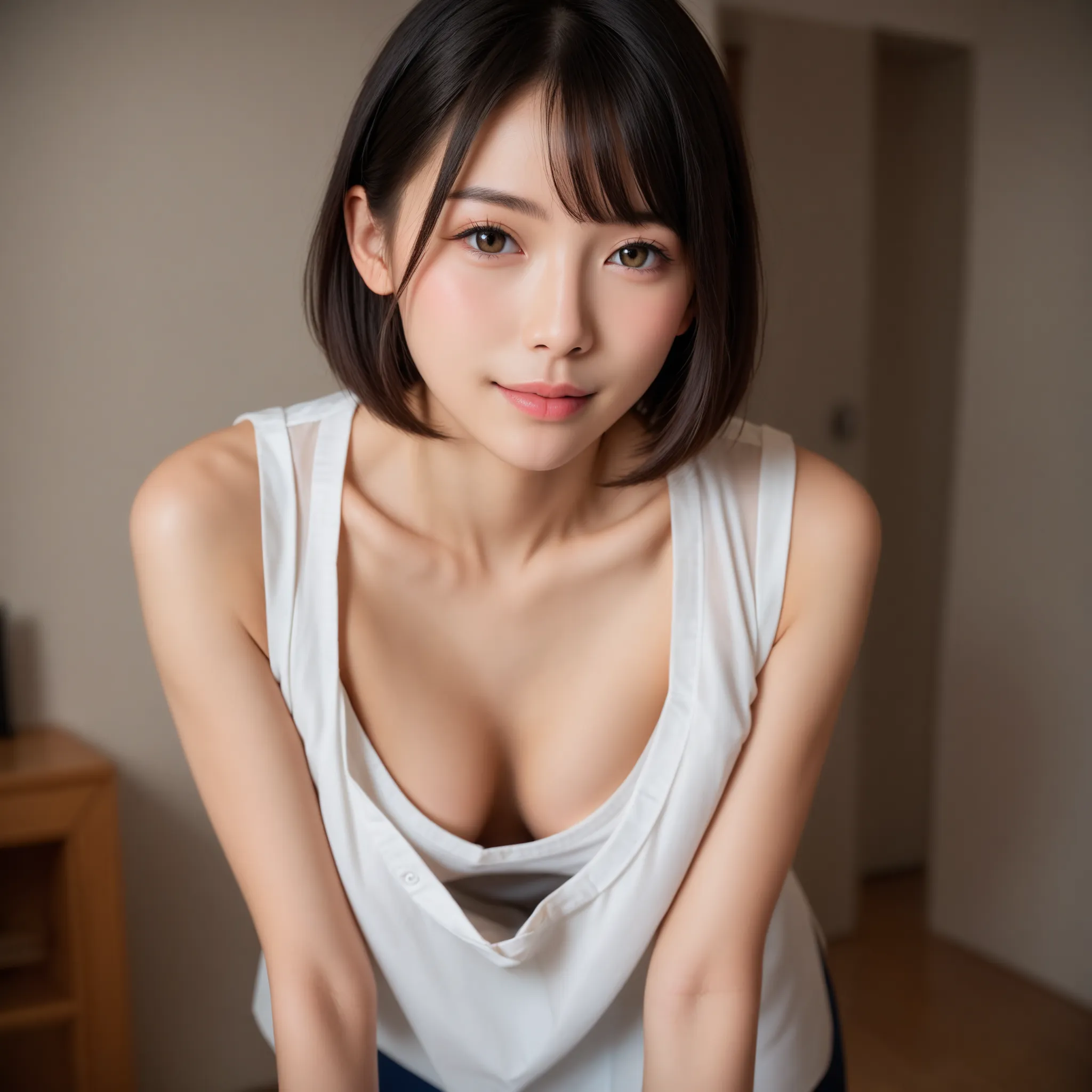 (((score_9, score_8_up , score_7_up , masterpiece, Ultra high definition，Highest quality, best quality, Sup er detailed, ultra-high resolution, realistic, Photorealistic, RAW photos, 8k))), NSFW, (((Japanese girl))), very cute girl, dress shirt, (((downblo...