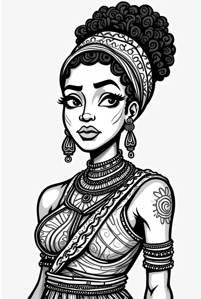 A medium shot black and white ink line drawing cartoon style colouring  of a Movie poster with an African  woman with thick lips, African hairstyle. adorned with tribal jewelry, traditional garments and a striking expression.