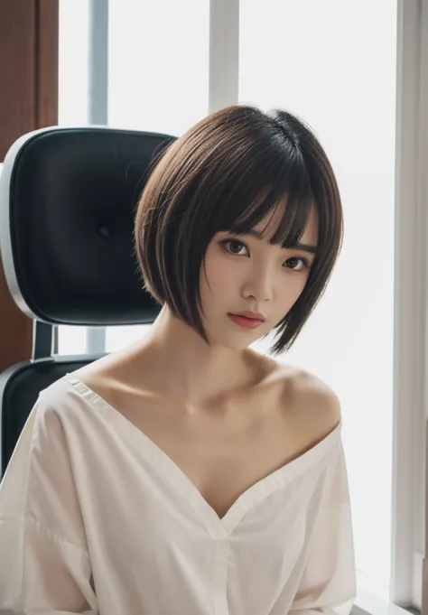 1 girl,   black hair, Eyebrows and bangs, Pixie bob cut hair cut horizontally at ear position,The neckline is a wakame cut that shaves the scalp just up to the ears, wearing a white cut cloth for a haircut, barber shop ,  sitting in a haircut chair with yo...