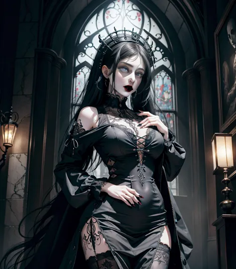 Official Art, Unity 8k wallpaper, ultra-detailed, beautiful, beautiful, ((New Goth gal:1.4)), masterpiece, best quality, dark, atmospheric, mystical, romantic, creepy, literature, art, fashion, victorian, decoration, intricate, ironwork, lace, contemplatio...