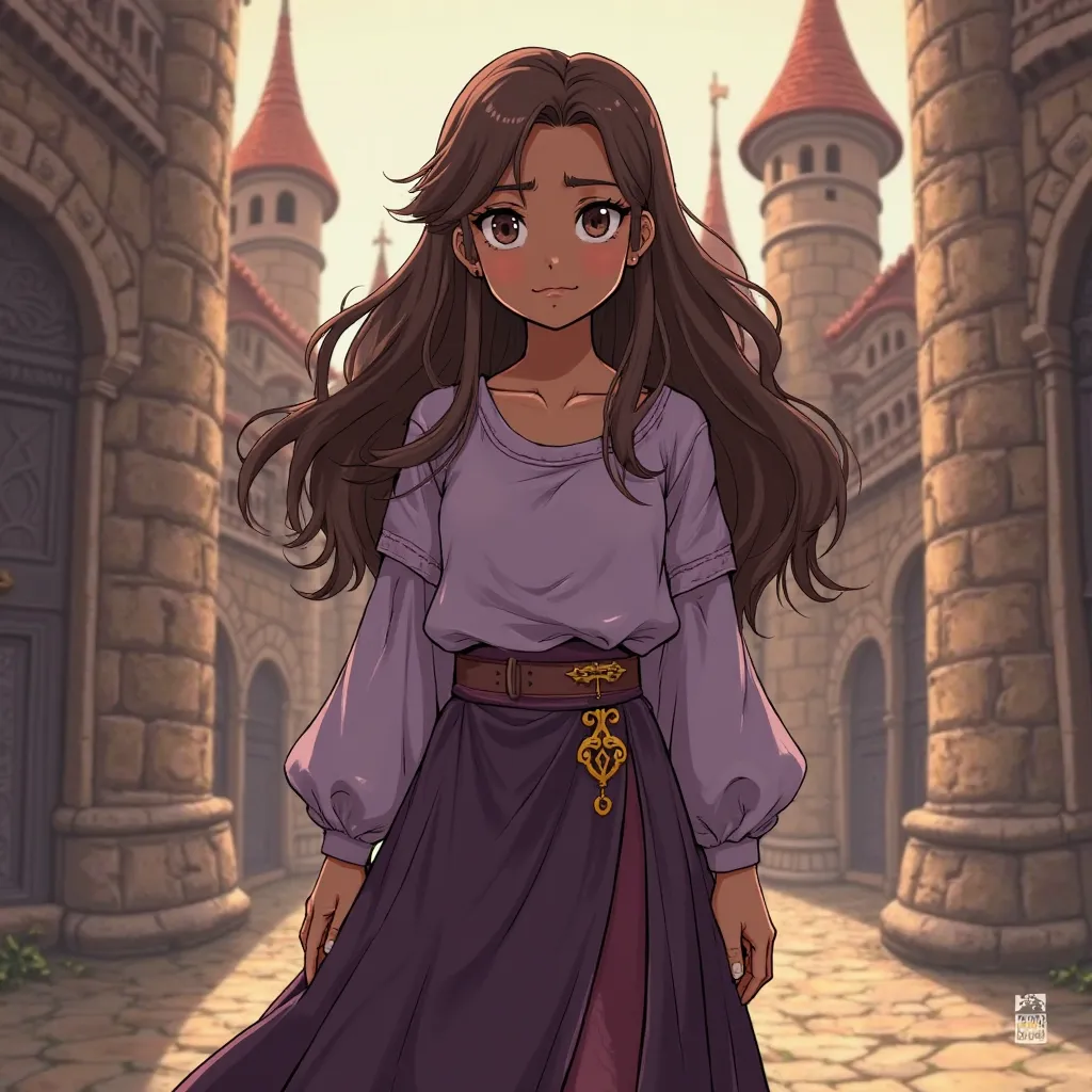 Female. Youthful. Long brown hair. Dark almond skin. Tan skin. Light purple tunic with long sleeves. Long dark purple skirt with dark yellow designs. Smile. Warm. Somber. Fantasy art. Final Fantasy. Comic style. Undertale. In the middle of a medieval city.