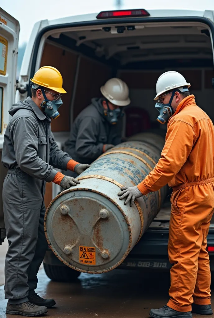 Three workers wearing personal protective equipment unloading a large plastic drum from a van 
