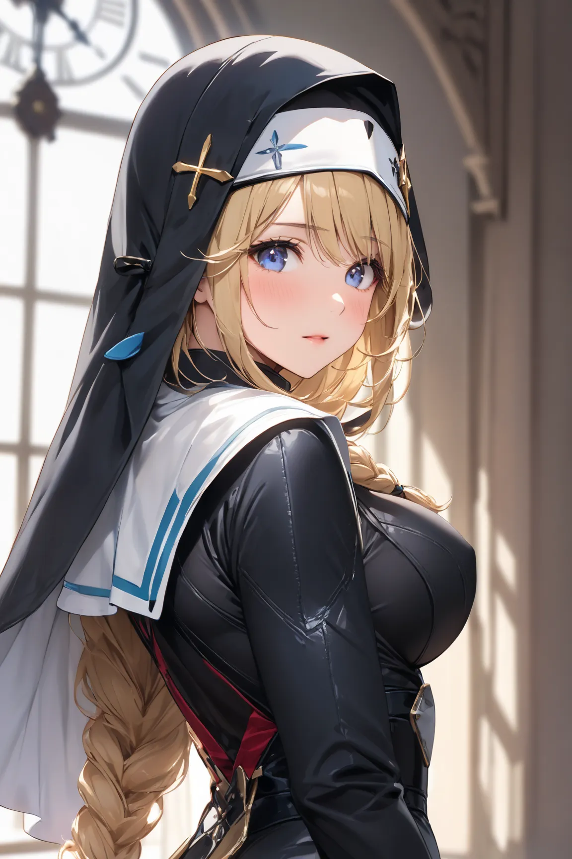 rpnzldef, blue eyes, blonde hair, very long hair, braid, bangs, habit, nun, black veil, headgear, white capelet, bodysuit, black gloves, black dress, white pants, large breasts, 

shiny skin, shiny, 

one girl,  Compatible with first-person perspective , (...