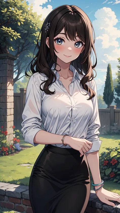 ((masterpiece, best quality:1.3, high detail)), beautiful woman, smile, long wavy hair, (dark brown hair), hairpin, bright eyes, light blush, (white collar shirt), (long black pencil ((skirt))), bracelets, collarbone, outdoors, garden, backyard, (cloudy sk...